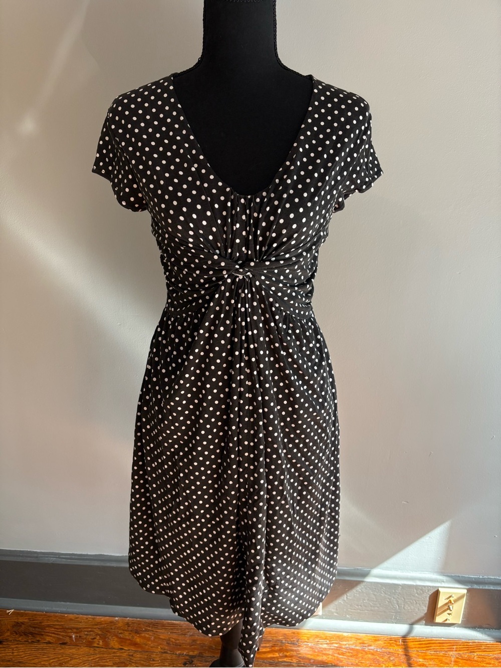 Garnet Hill Black and White Polka Dot Knot-Front Midi Dress